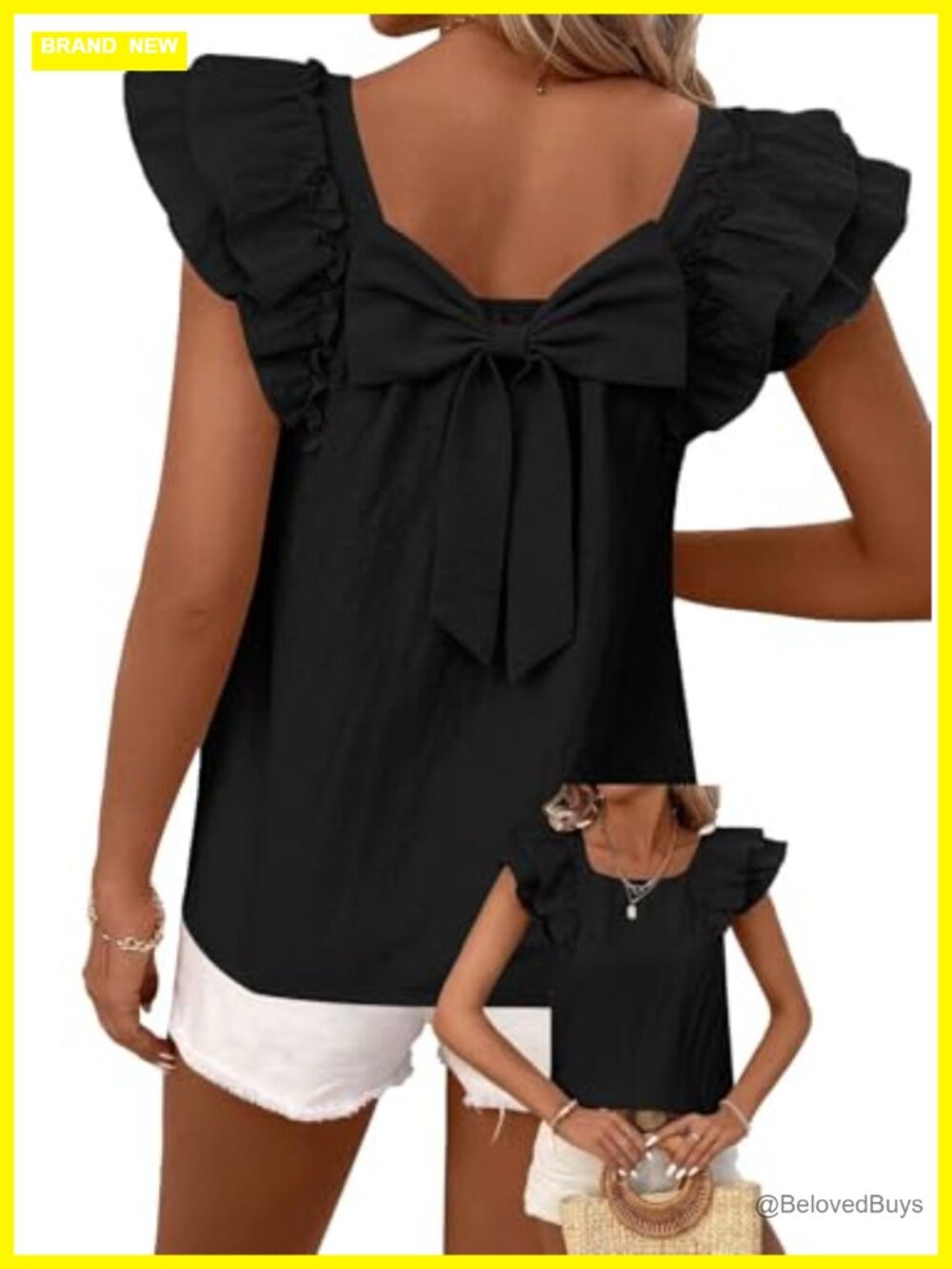 Womens Bow Tie Back Babydoll Ruffle Short Sleeve Top Pleated Tunic